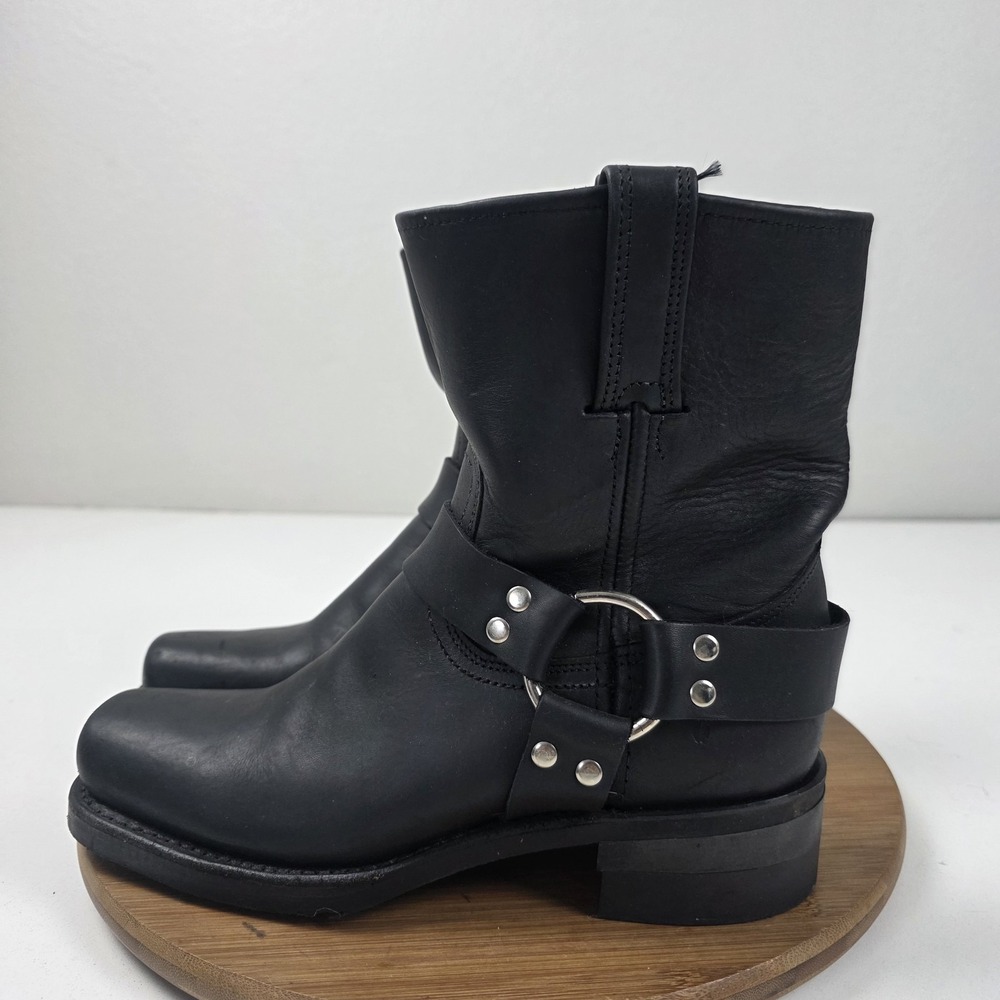 Frye Harness Boots Womens Size 7.5 Black Leather Mid Calf Square Toe Moto Biker
